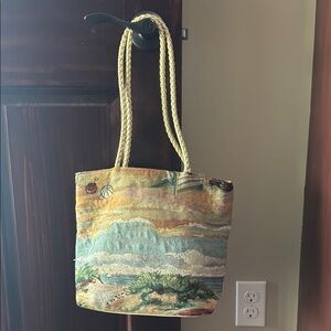 Vintage Coastal Tapestry Shoulder Bag with Cream Handles